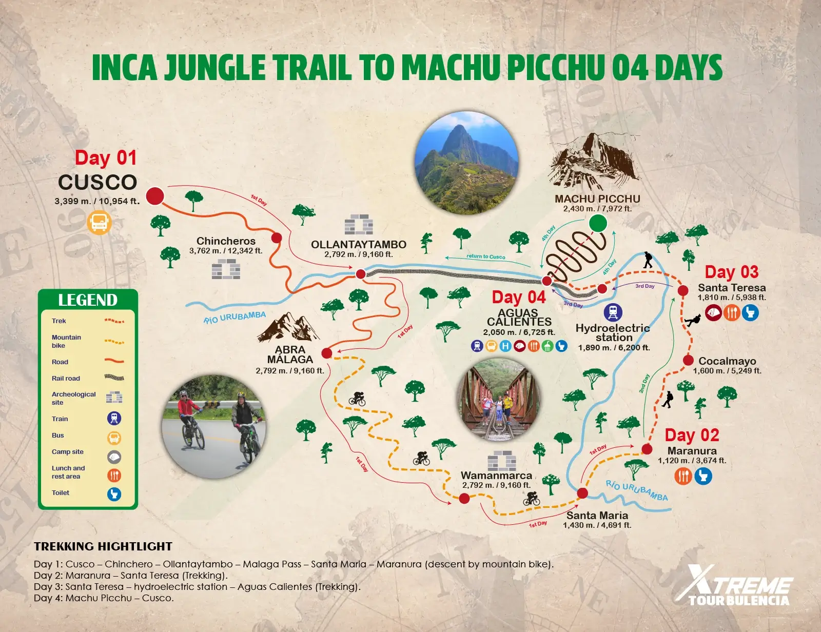 Map Inca Jungle Trail to Machu Picchu 4 days
