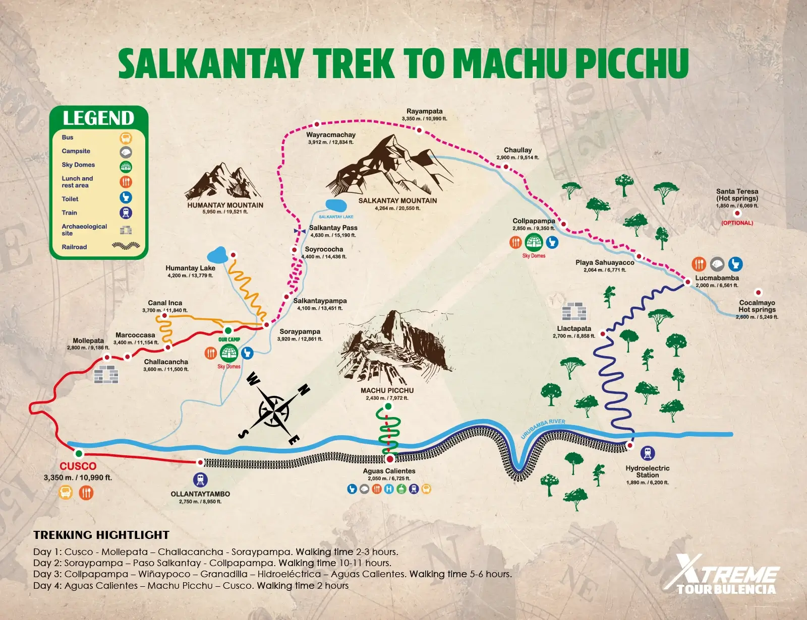 Map salkantay trek 4 days to Machu picchu