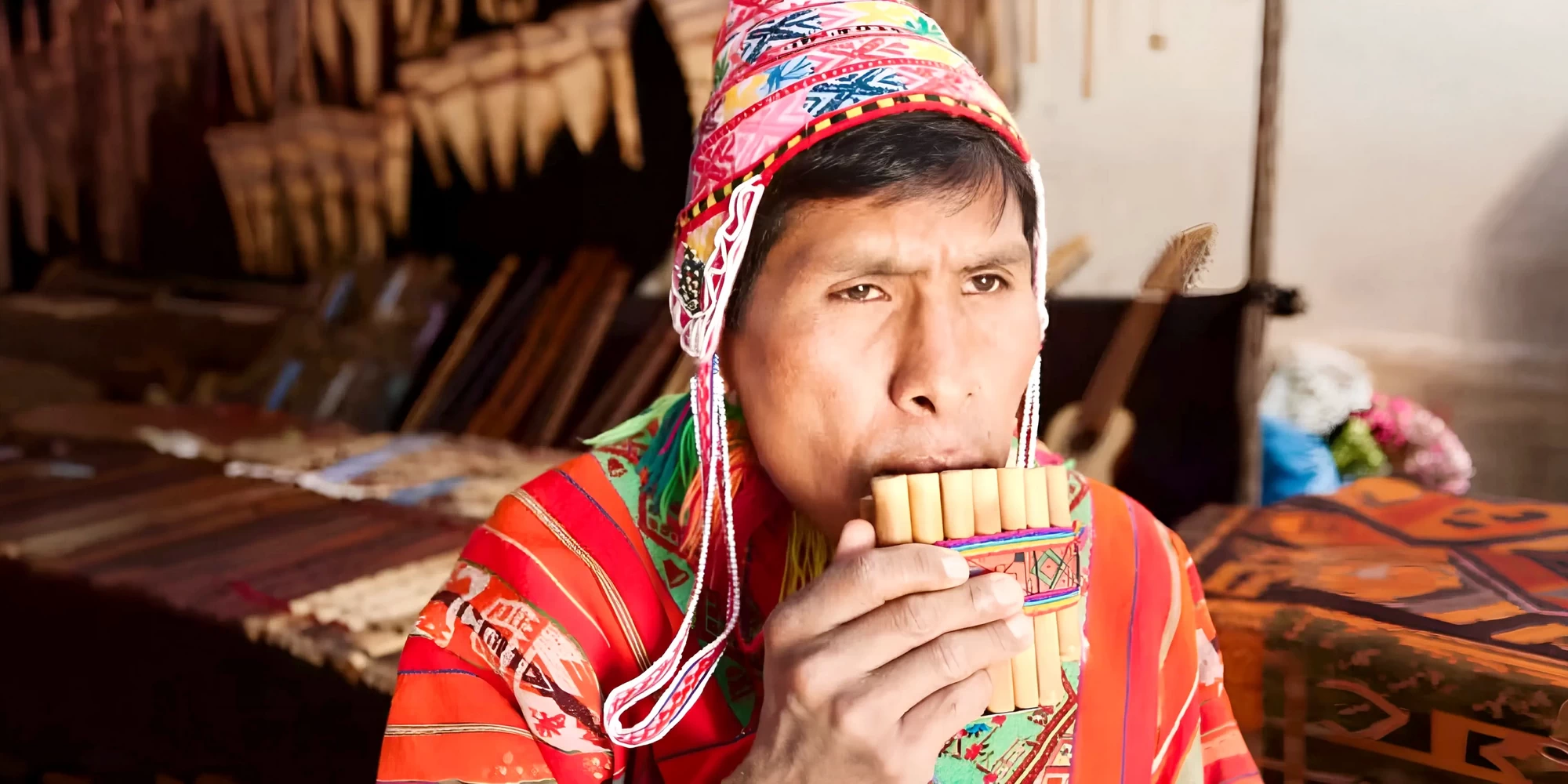 Portrait of a local man in traditional red textile clothing playing the pan flute in a local market or workshop.