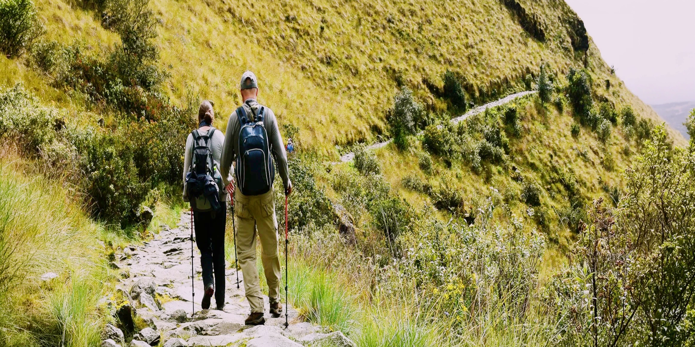 Two hikers with backpacks and walking sticks trekking along a narrow mountain path surrounded by green hills.