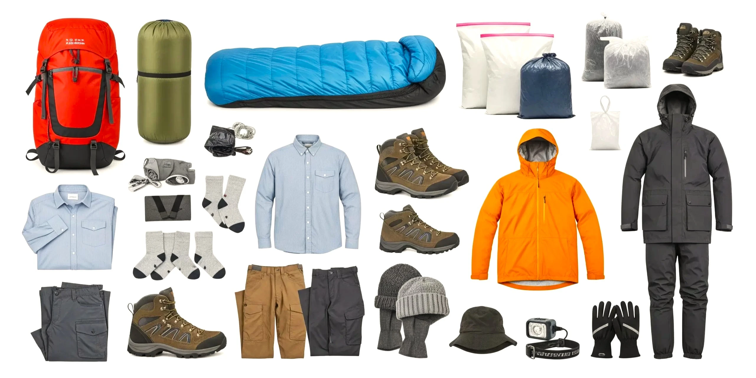 A full layout of hiking and backpacking gear including boots, jackets, backpacks, sleeping bag, and accessories