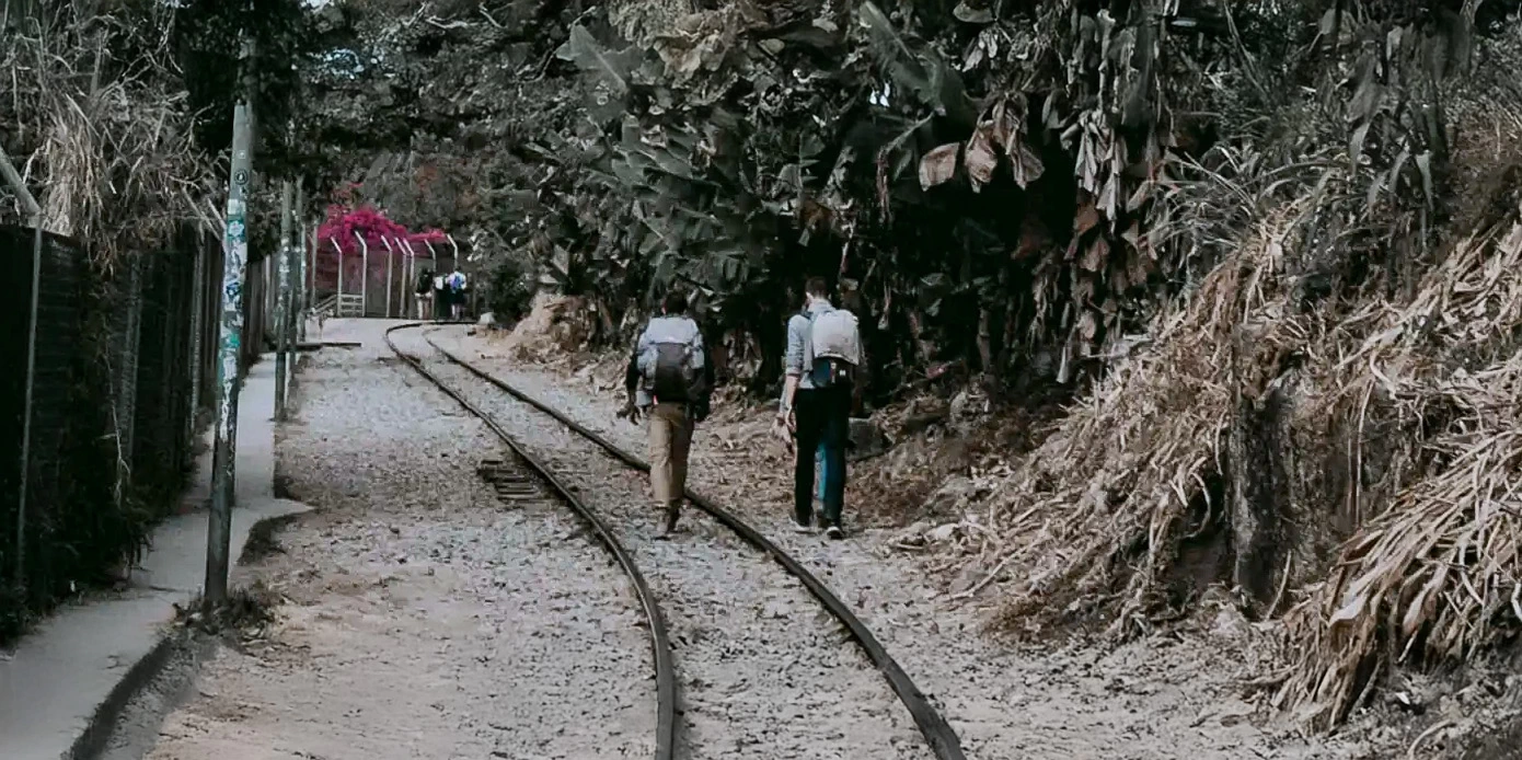 Hikers with backpacks walking along the railway tracks surrounded by tropical vegetation on the way to Machu Picchu.
