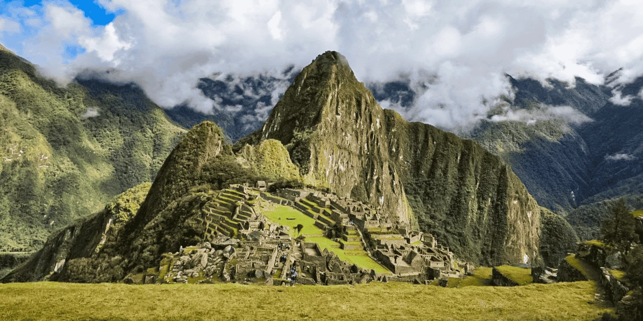 Classic panoramic view of the Machu Picchu citadel with Huayna Picchu mountain.