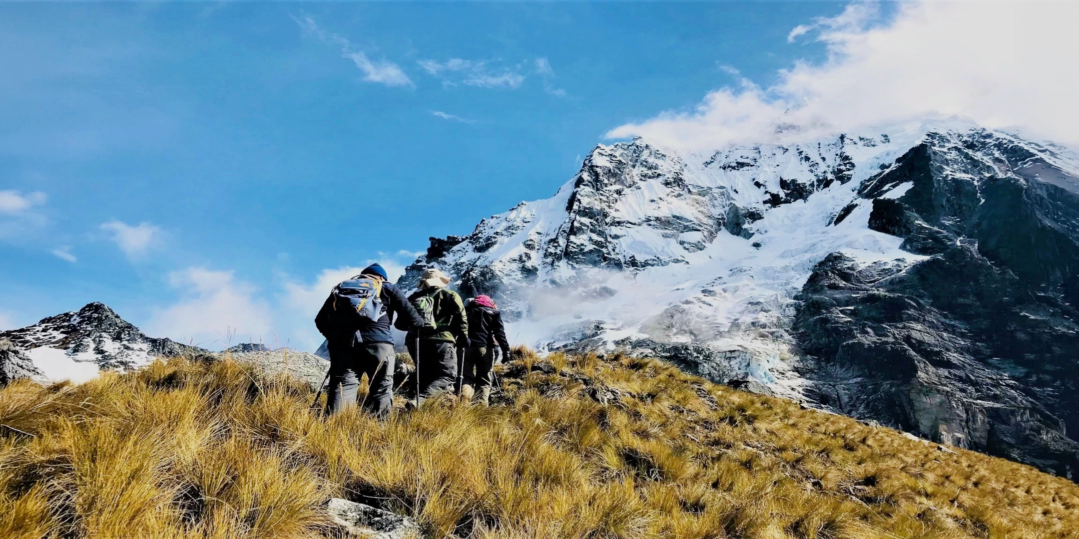 A group of three hikers with trekking poles ascending a golden grass ridge toward a large glacier under a bright blue sky.