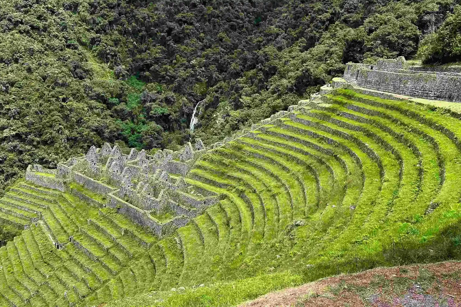A dramatic high altitude Andean landscape with massive mountains and a winding river canyon. Part of the stone-paved Inca Trail is visible, leading towards Machu Picchu in the distance.