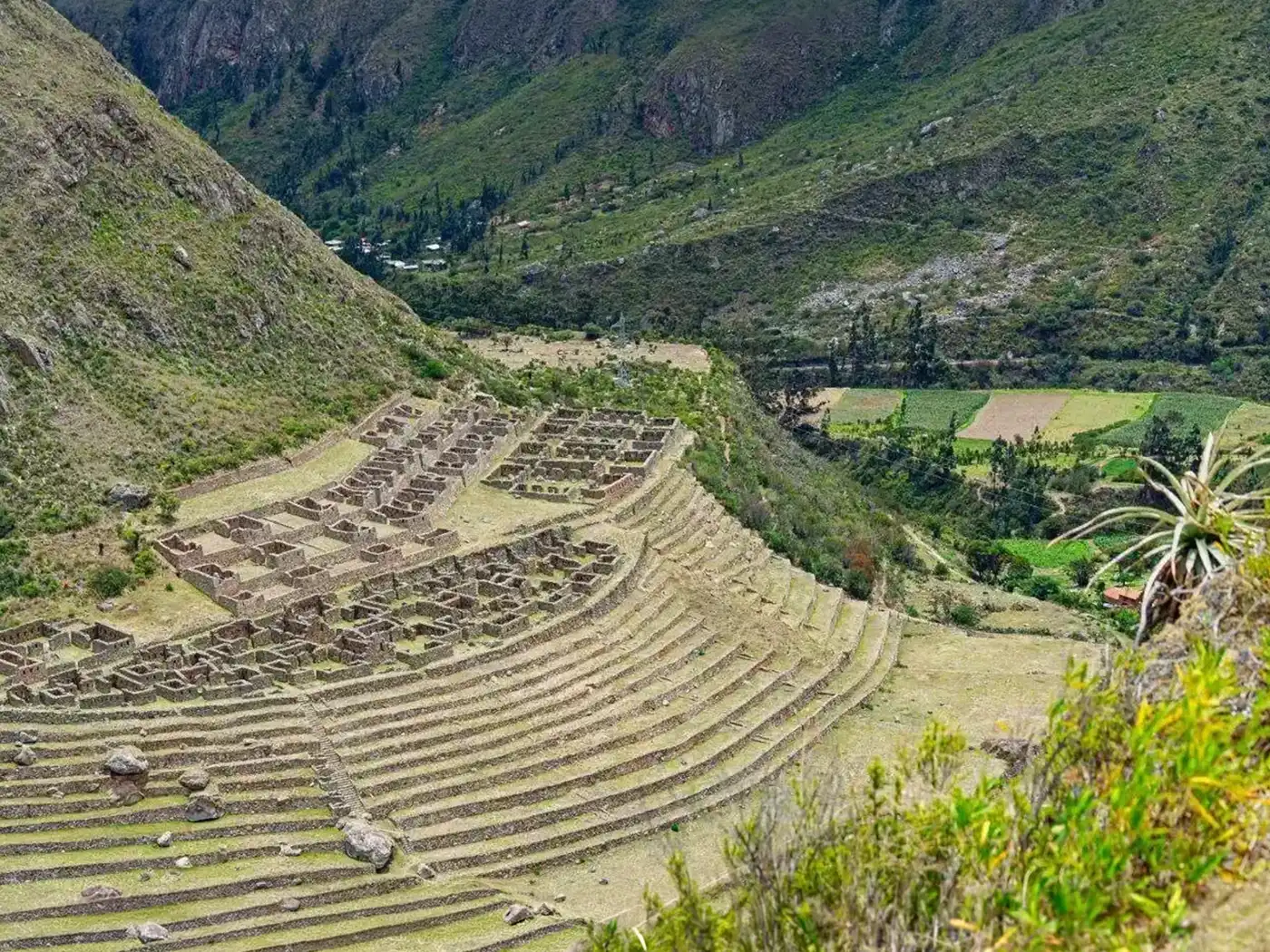 A stunning panoramic view of the original stone-paved Inca Trail winding its way up through a dramatic mountain pass. Dense Andean vegetation and other remote ruins are visible in the distance.