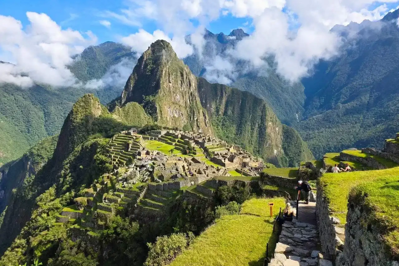 An imposing view of the original stone-paved Inca Trail as it disappears around a steep mountain curve. Llama and other ancient agricultural terraces are visible, illustrating the path of the Inca royalty.