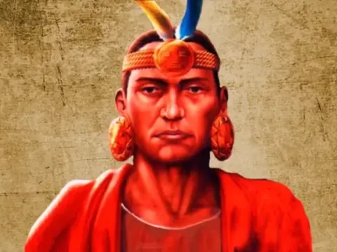 Portrait of Atahualpa, the final Sapa Inca, with red robes and traditional ear ornaments.
