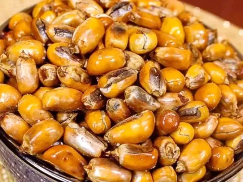 A bowl filled with Cancha Serrana, traditional Peruvian crunchy toasted corn kernels.