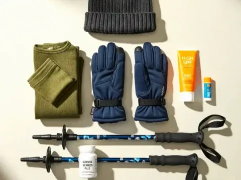 Essential hiking gear: gloves, hat, trekking poles, thermal clothing, sunscreen, and altitude sickness pills