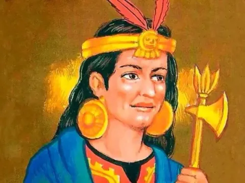 Illustration of Cápac Yupanqui, the fifth ruler, holding a ceremonial golden axe.