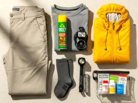 Essential hiking gear: beige pants, yellow waterproof jacket, DEET repellent, flashlight, and first aid kit