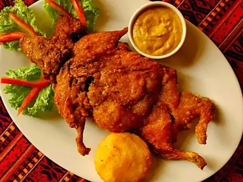 Cuy chactado, a traditional Peruvian dish served with a typical salad and native potatoes. 