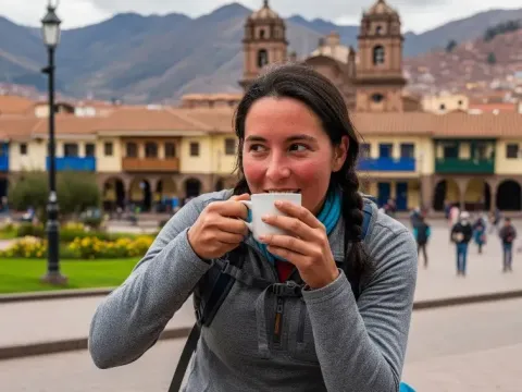 A woman traveler drinking a hot cup of coca tea for altitude acclimatization in the center of Cusco