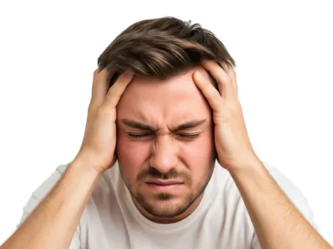 Close-up of a man holding his head due to a headache, a common symptom of altitude sickness in high elevations
