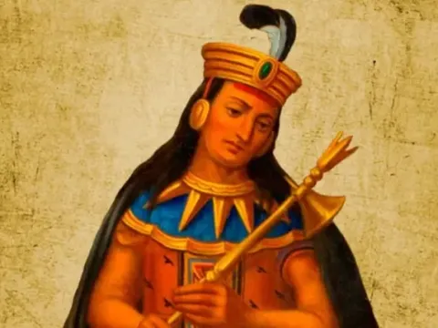 Portrait of Huáscar Inca looking downward, holding a golden axe in a reflective pose.