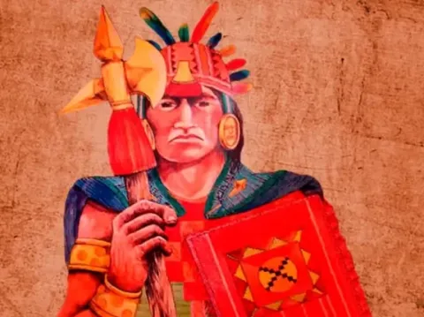 Illustration of Huayna Cápac, the last great Inca emperor, holding a golden spear and shield.