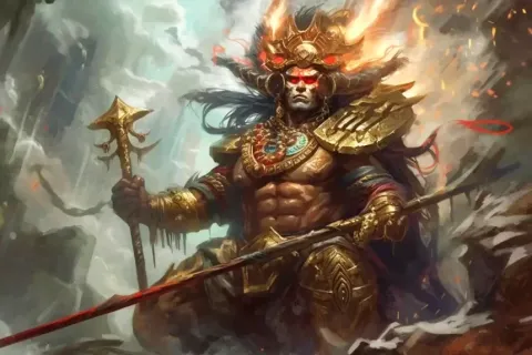 Digital illustration of Illapa, the Inca god of thunder and lightning with a golden mace