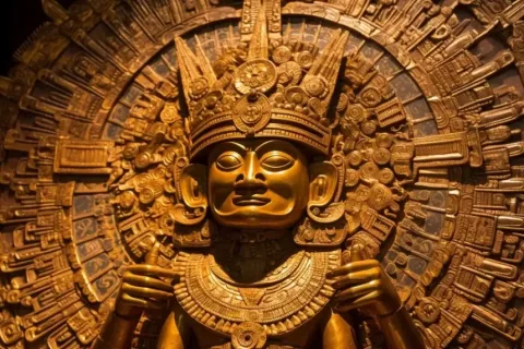 Ancient Peruvian golden mask representing the Inca Sun God Inti
