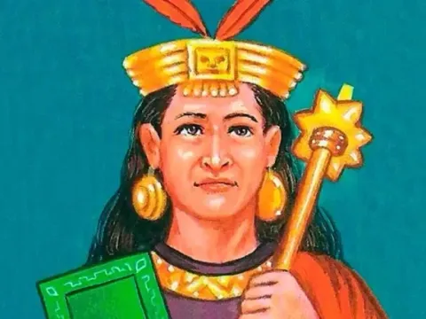 Depiction of Inca Roca, the sixth ruler, holding a star-headed mace and wearing large earplugs.