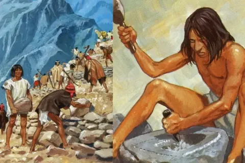 Illustration of Inca workers moving large stones for construction in the Andes mountains.