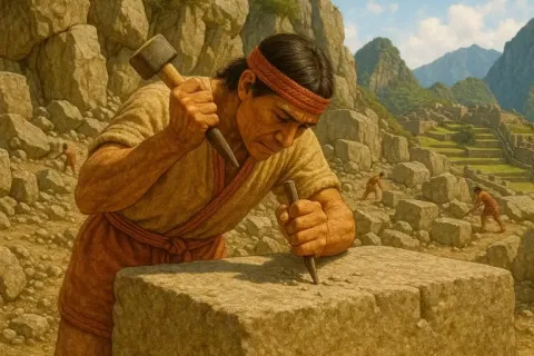 An illustration of an Inca stonemason using traditional tools to carve a large stone block near Machu Picchu.