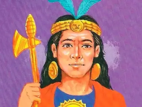 Vibrant illustration of Inca Yupanqui wearing a feathered headdress and a royal sun medallion.