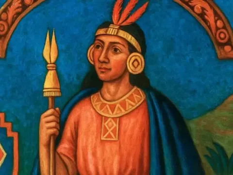 Portrait of Lloque Yupanqui, the third ruler of the Kingdom of Cusco, holding a golden staff against a blue background.