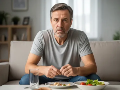 Man sitting in front of a meal representing loss of appetite as a symptom of altitude sickness