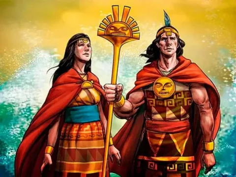 Illustration of Manco Cápac and Mama Ocllo, the legendary founders of the Inca Empire, by Lake Titicaca.