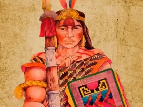 Depiction of Mayta Cápac, the fourth Inca ruler, shown as a powerful warrior with a spear and colorful shield.