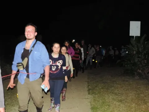 A group of travelers guided by flashlights during a night excursion through the Amazon rainforest.