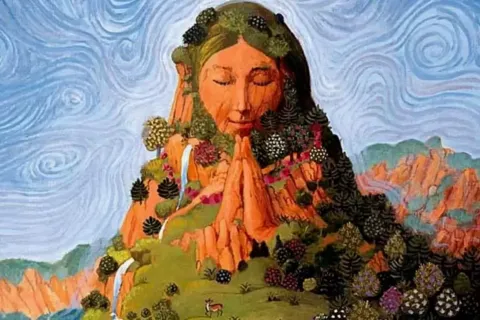 Artistic representation of Pachamama Mother Earth as a mountain with nature elements