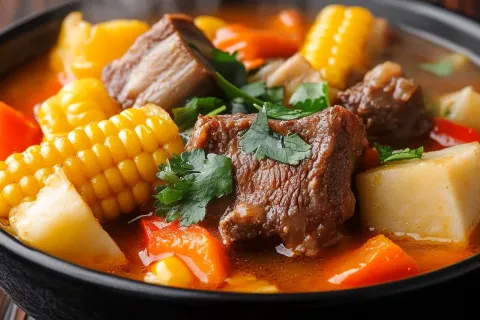 A bowl of traditional Peruvian Puchero stew with meat, corn, and vegetables.