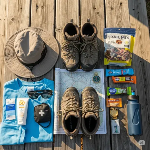 Essential hiking and trekking gear, including boots, hat, sunscreen, and snacks, ready for an adventure