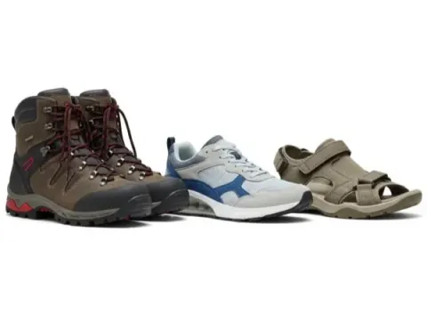 Footwear variety: Brown hiking boots, gray/blue sneakers, and khaki trekking sandals