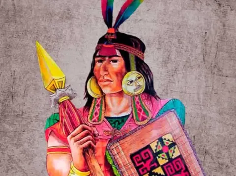 Illustration of Sinchi Roca, the second Inca ruler, wearing large earplugs and holding a ceremonial spear.