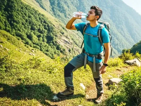 A hiker drinking water from a bottle while trekking in the lush green mountains of the Peruvian Andes