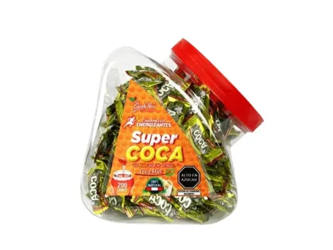 A jar of "Super Coca" energy candies made from natural coca leaves and honey