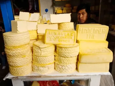 Large rounds and blocks of traditional artisanal fresh cheese from Cusco displayed at a local market stall.