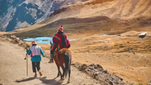 Local guides and horses for hire on the trail to Rainbow Mountain, offering transportation to tourists