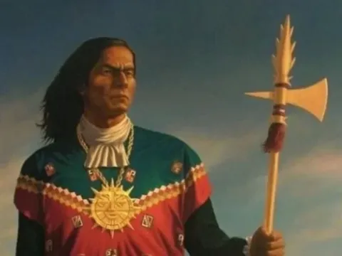 Depiction of Túpac Amaru, the last indigenous monarch of the Neo-Inca State, with a sun emblem on his chest.