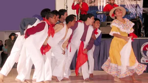 Group of dancers performing a traditional dance accompanied by Peruvian music.