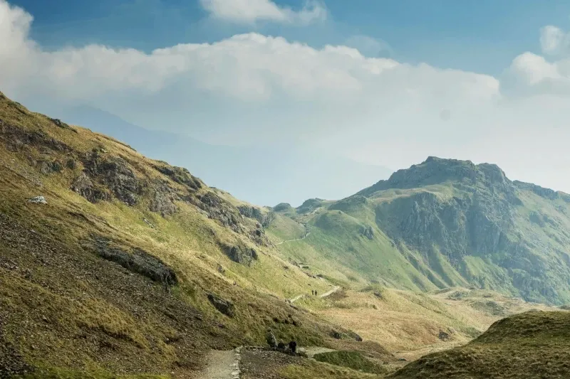 A narrow winding dirt trail along the side of a grassy mountain range in the Peruvian Andes.