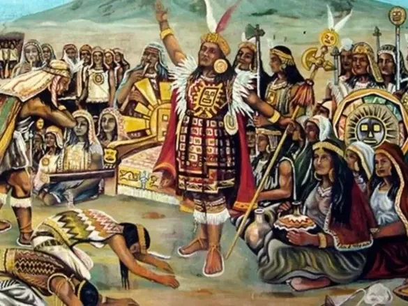 Painting depicting the sacred Inca Capacocha ceremony with the Sapa Inca and offerings
