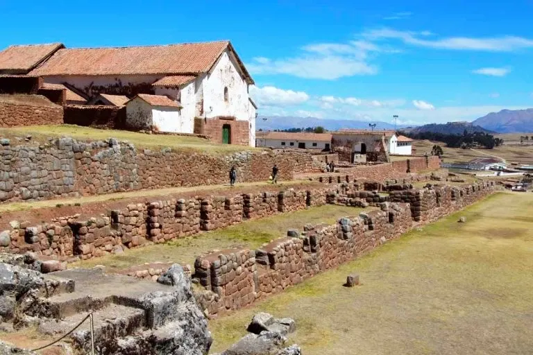 The white colonial church of Chinchero built over ancient Inca stone foundations