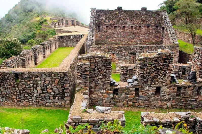 Ancient Inca stonework at Choquequirao Close-up of the ancient stone masonry and walls at the Choquequirao archaeological site in Peru.