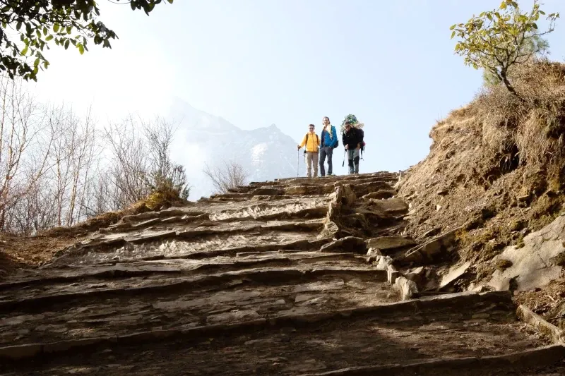 Three hikers climbing ancient stone steps on the classic Inca Trail to Machu Picchu under a clear sky.
