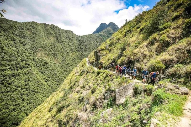 Mountain trekking adventure in Peru A line of trekkers navigating a narrow winding trail on a steep, green Andean mountain slope.