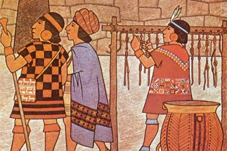 History of Inca Accounting Traditional illustration showing Inca officials known as Quipucamayocs using knotted strings for accounting.